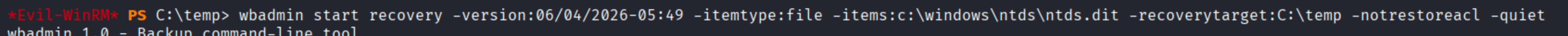 wbadmin start recovery restoring ntds.dit from the backup version to C:\\temp with notrestoreacl flag