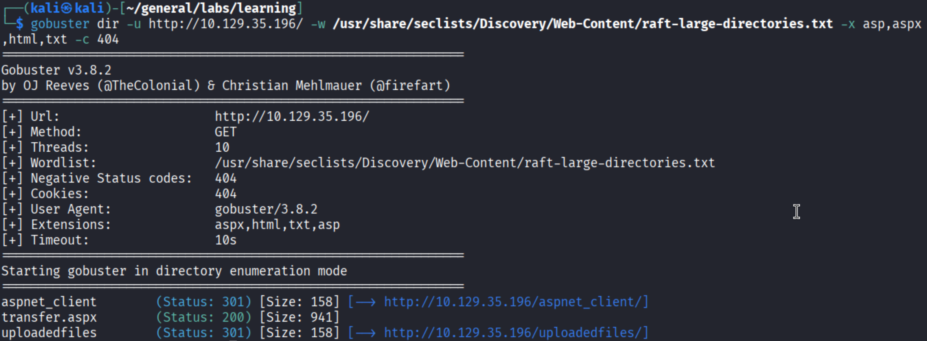 Gobuster finding transfer.aspx and uploadedfiles