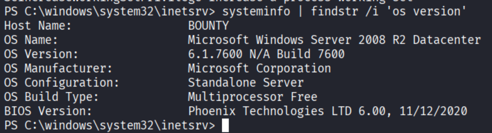 systeminfo showing Windows Server 2008 R2