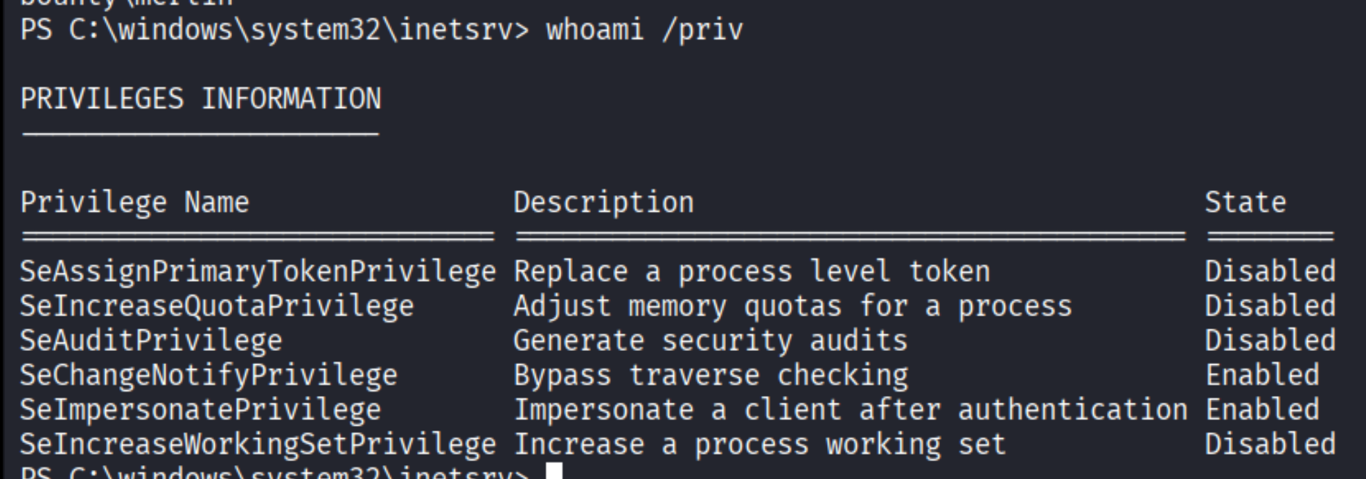 whoami /priv showing SeImpersonatePrivilege enabled