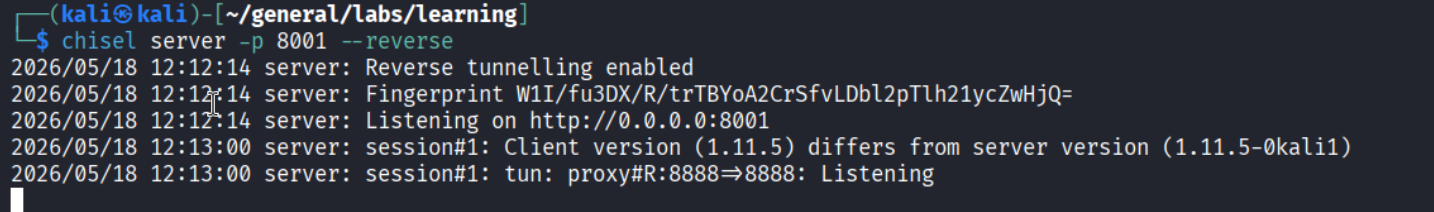 chisel server -p 8001 &ndash;reverse, session established, proxy R#8888 listening