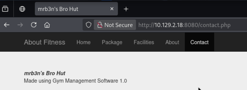Footer on contact.php showing &ldquo;Made using Gym Management Software 1.0&rdquo;