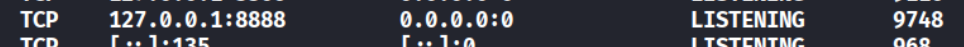 netstat output showing 127.0.0.1:8888 LISTENING with PID 9748