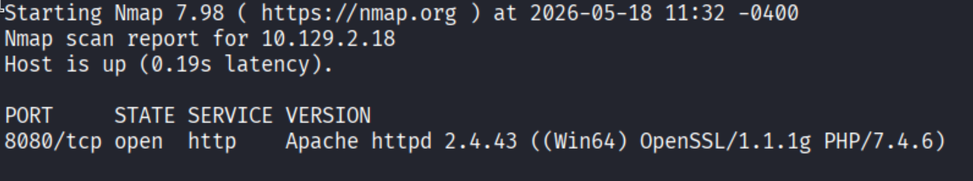 Nmap scan showing port 8080 open with Apache httpd 2.4.43 on Windows