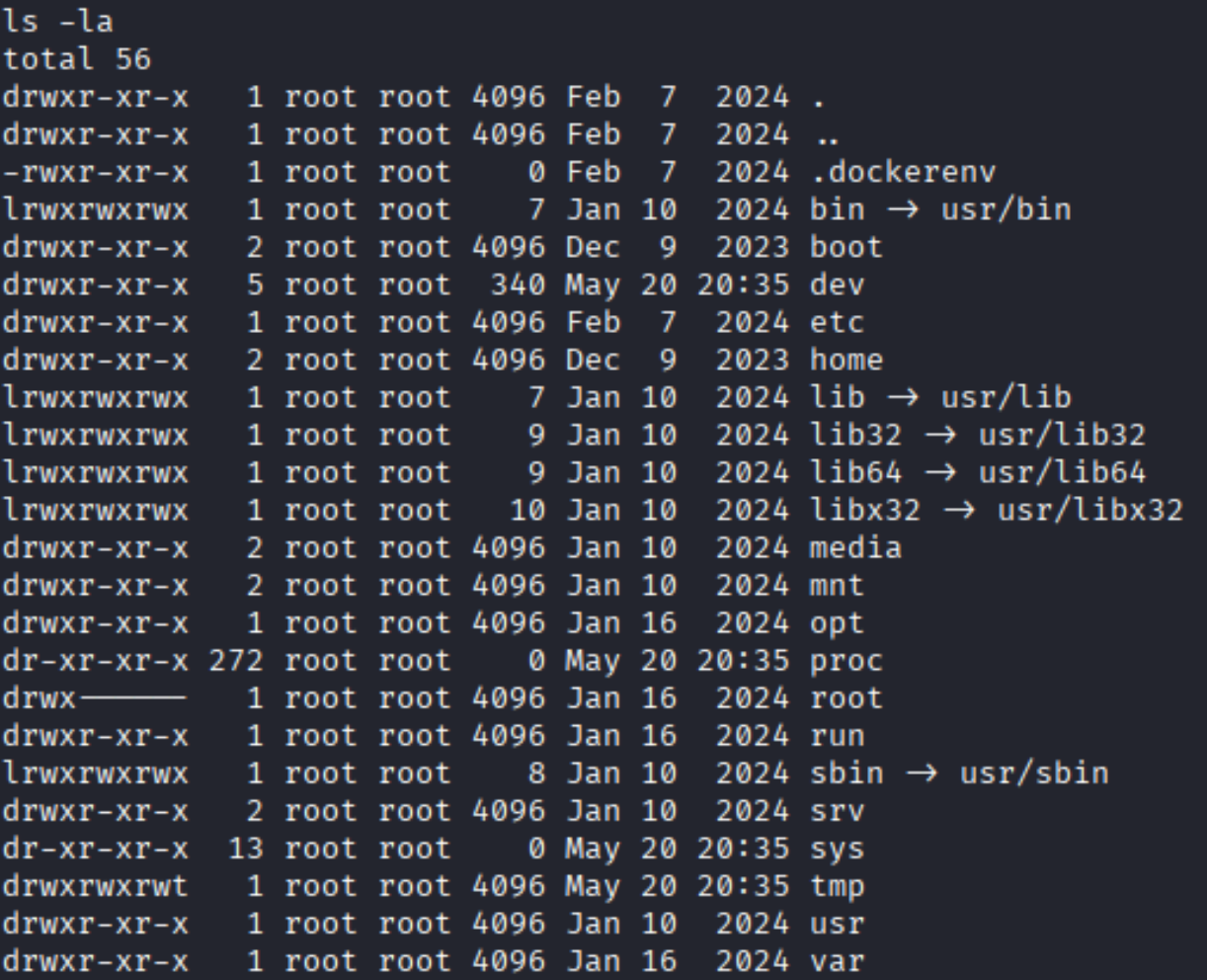 ls -la / showing .dockerenv confirming Docker container