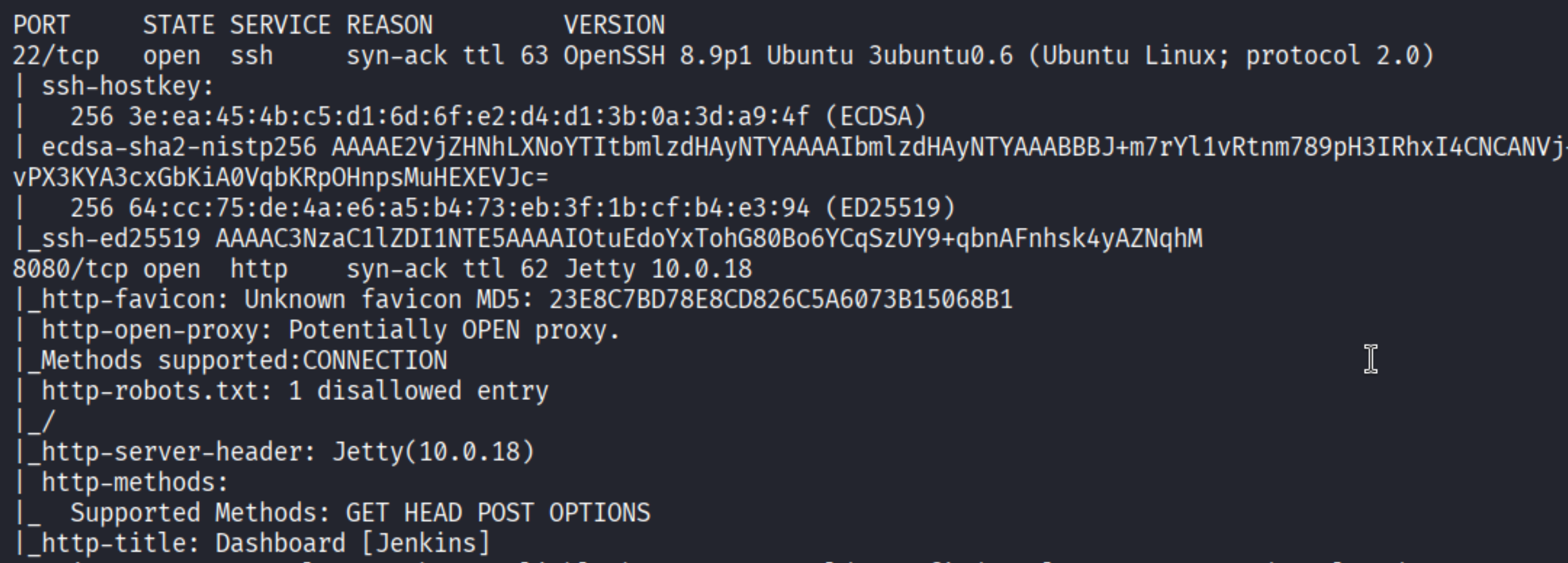 Nmap showing SSH on 22 and Jenkins on 8080