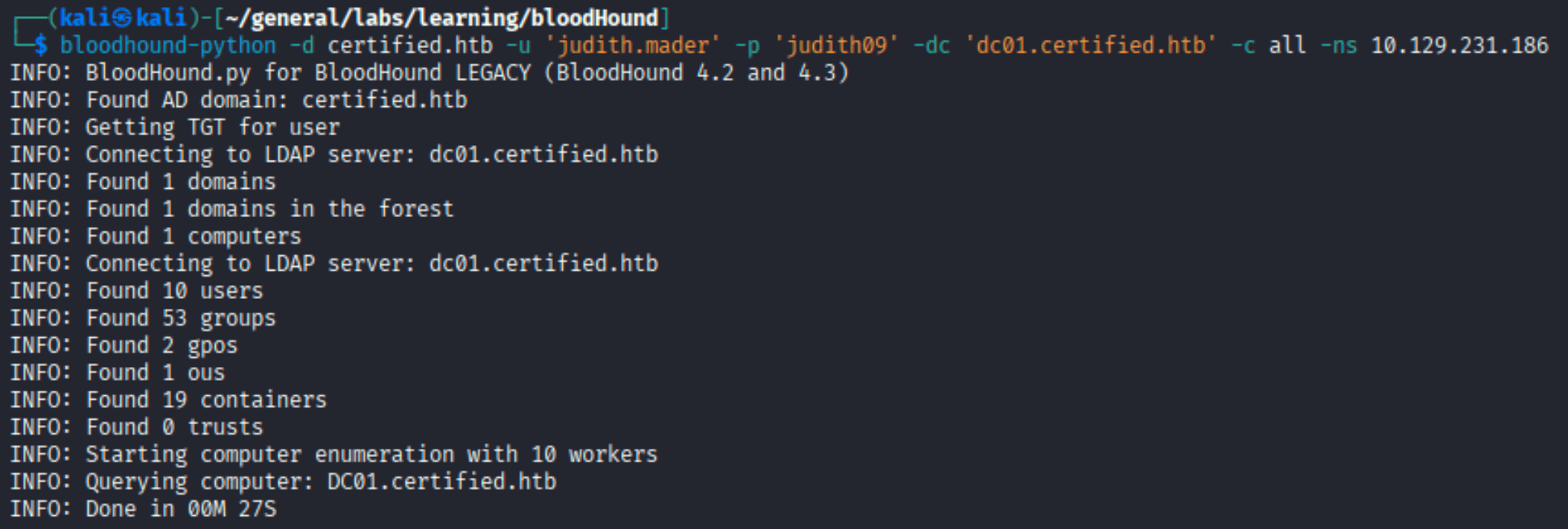 bloodhound-python collection output showing 10 users, 53 groups found