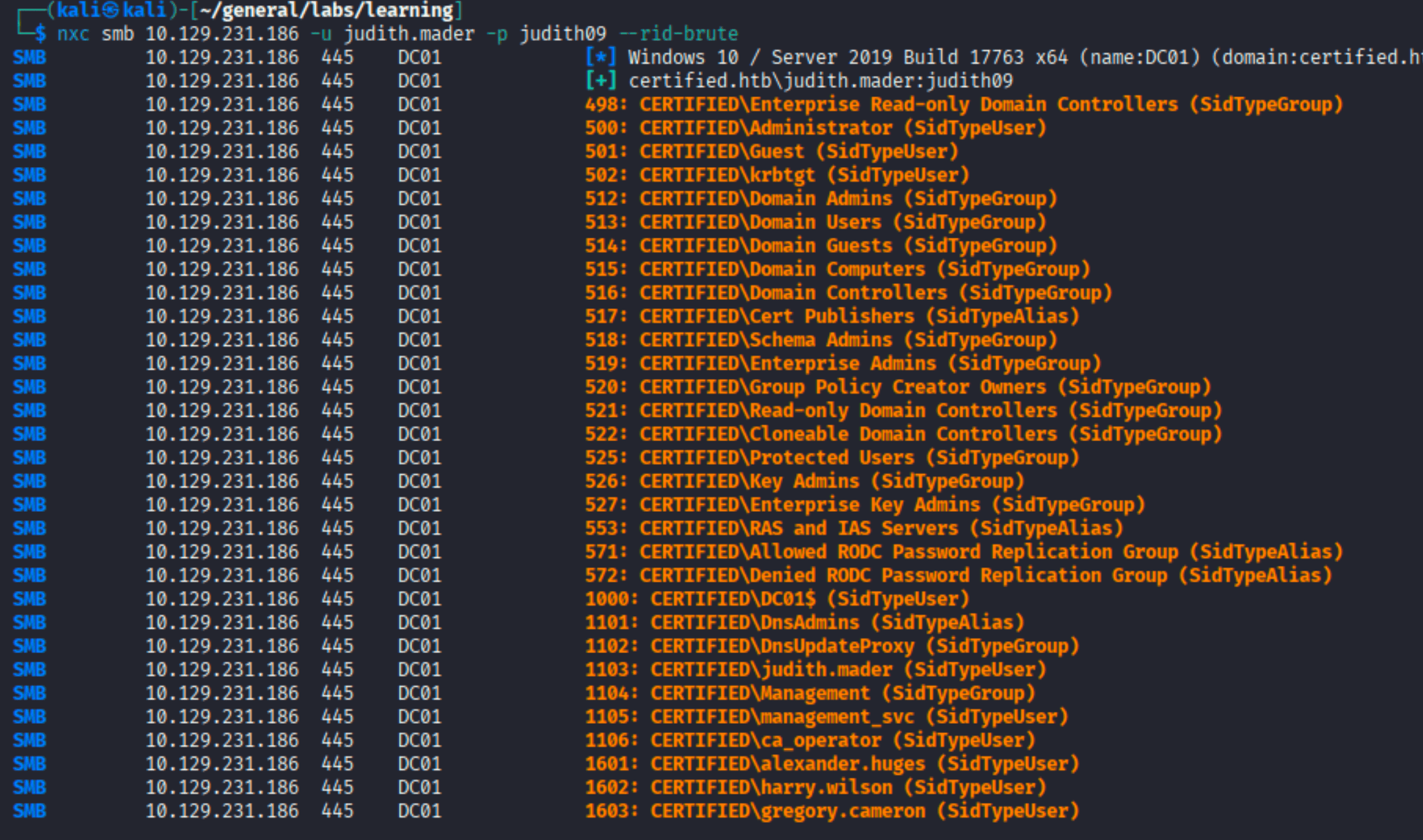 nxc smb enumeration showing domain users and groups