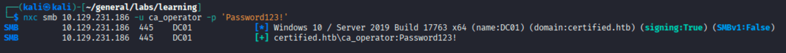 nxc smb confirming ca_operator credentials are valid