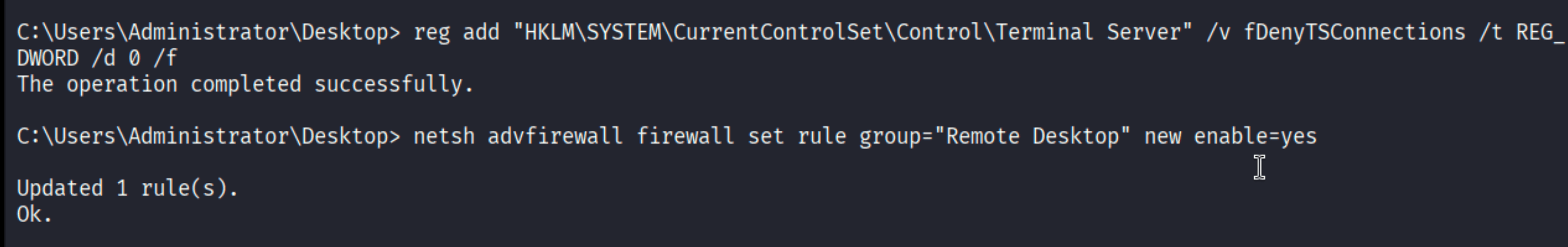 registry command and firewall rule enabling RDP successfully