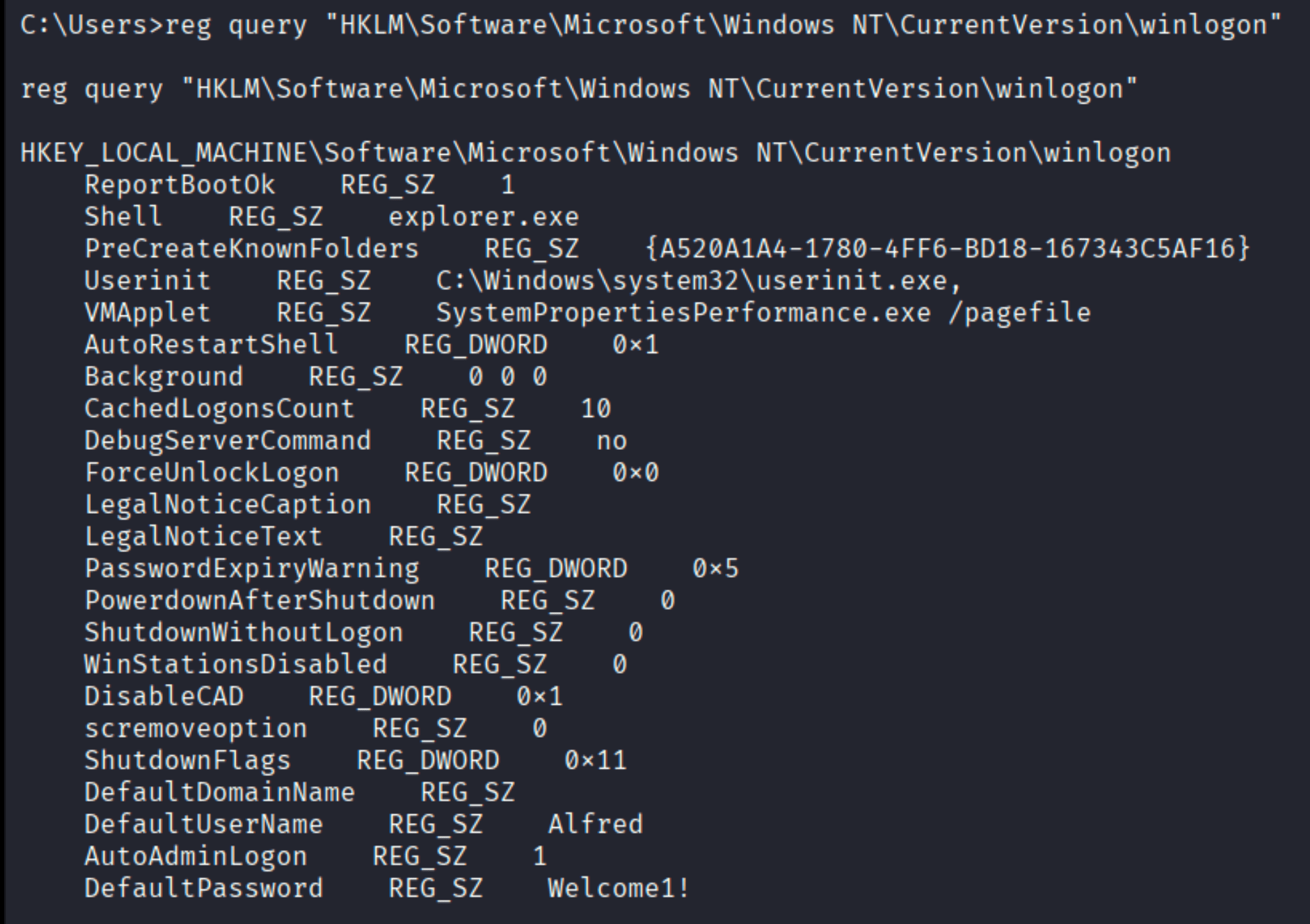 registry query showing AutoAdminLogon=1, DefaultUserName=Alfred, DefaultPassword=Welcome1!