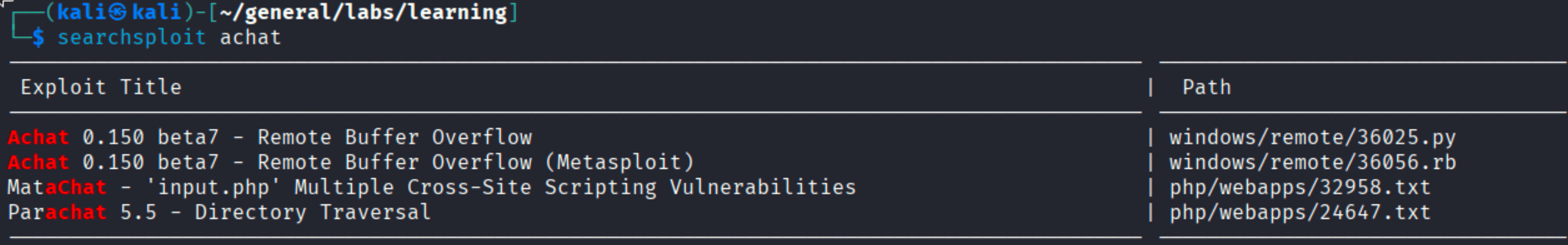searchsploit output showing AChat 0.150 beta7 Remote Buffer Overflow exploits
