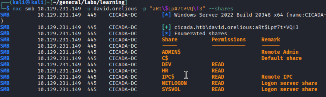 nxc shares output for david: DEV share has READ access, plus standard HR, NETLOGON, SYSVOL
