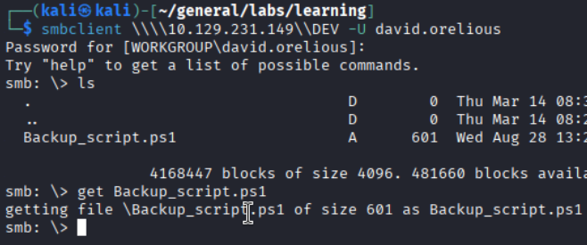 smbclient connecting to DEV as david, ls showing Backup_script.ps1, get downloading it