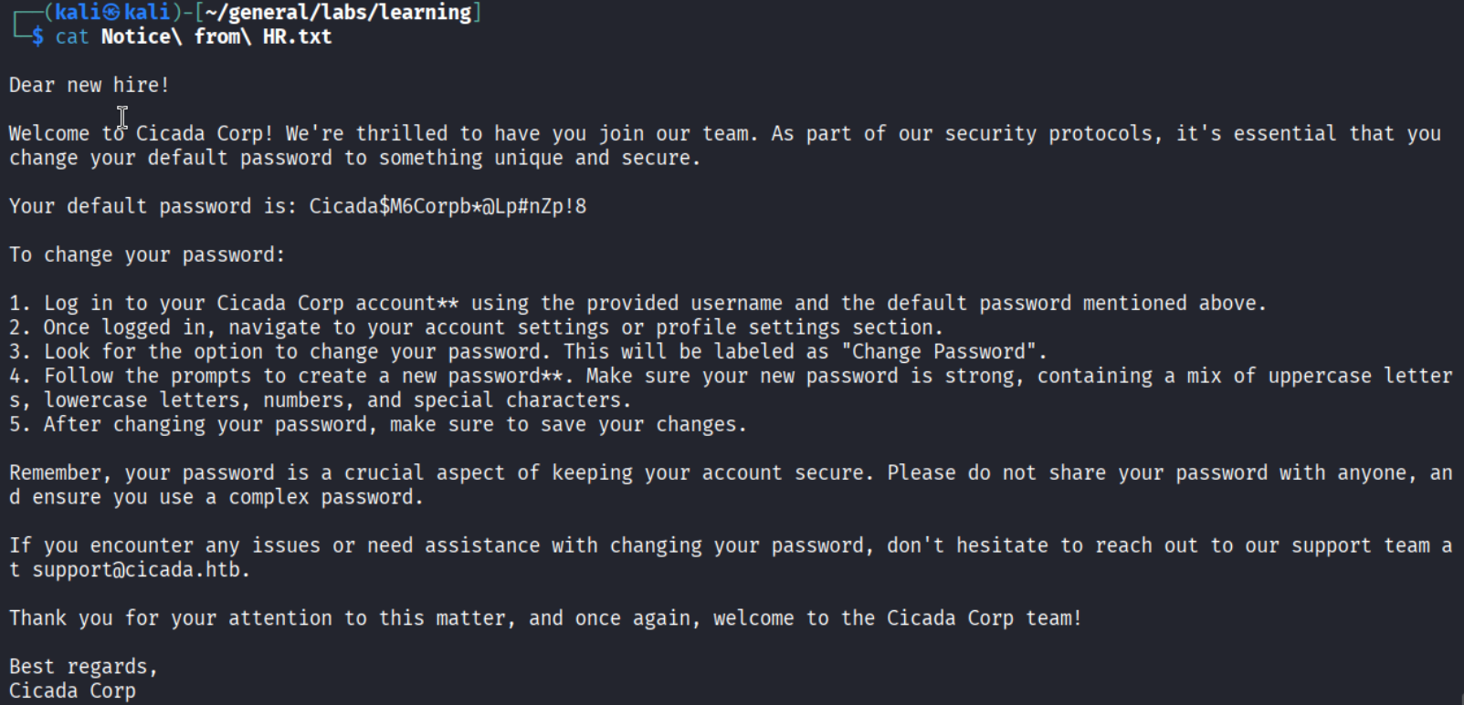 HR notice content: welcome email stating default password is Cicada$M6Corpb@Lp#nZp!8, asking users to change it