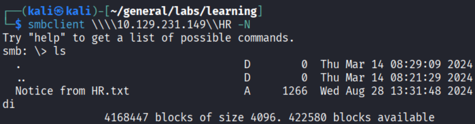 smb: > ls showing &ldquo;Notice from HR.txt&rdquo; file