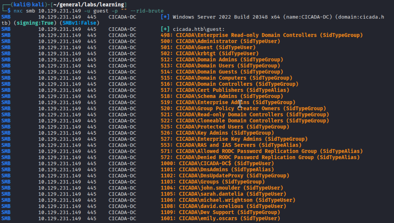 nxc rid-brute output listing cicada.htb domain users