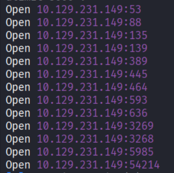 RustScan output showing many open ports: 53, 88, 135, 139, 389, 445, 464, 593, 636, 3268, 3269, 5985